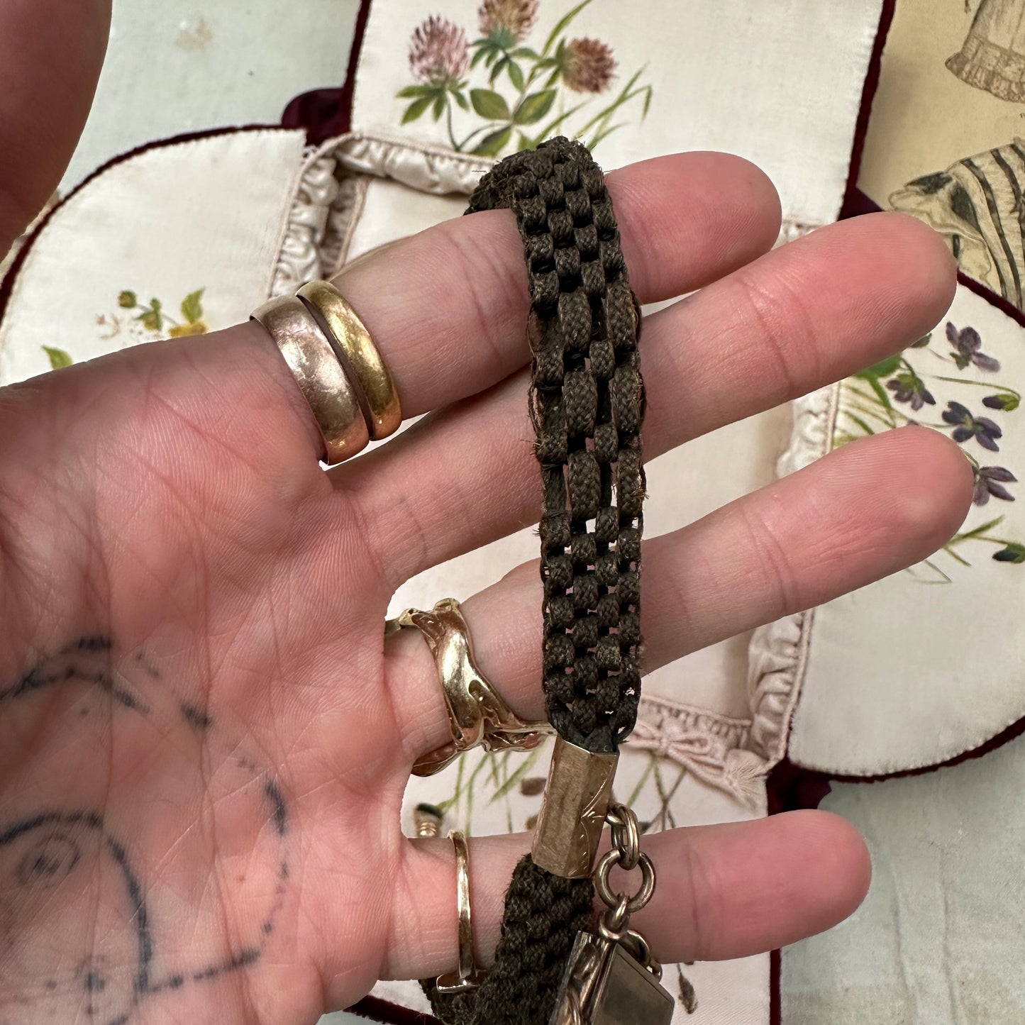 Antique Victorian Hairwork Locket Watch Chain