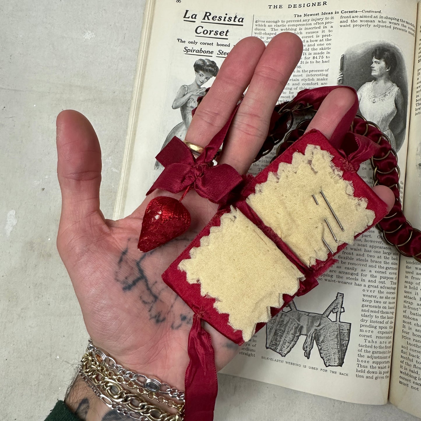 Antique Red Silk Shaker Sewing Chatelaine Belt