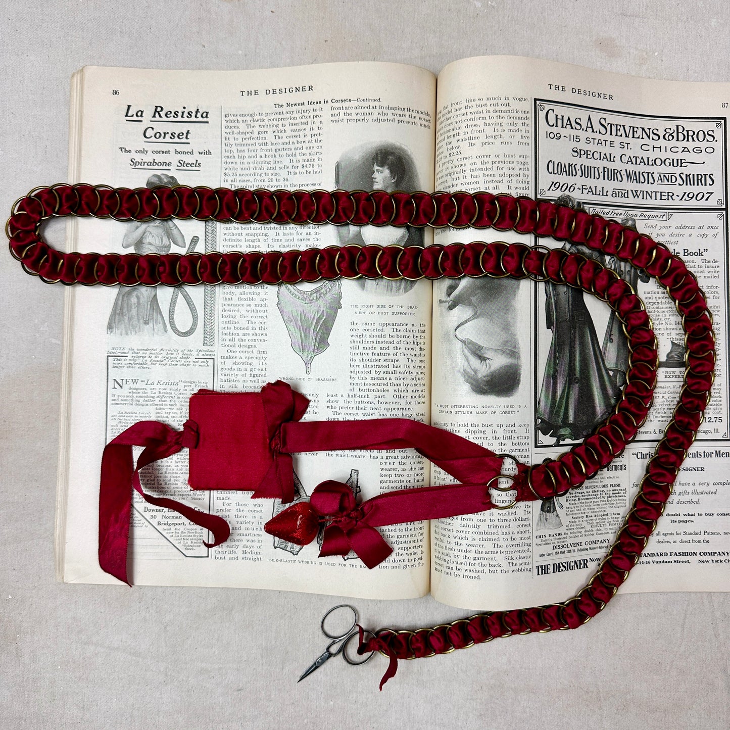 Antique Red Silk Shaker Sewing Chatelaine Belt